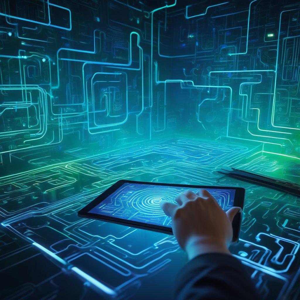 An intricate maze representing the digital landscape, with diverse blogging elements like laptops, social media icons, and pens scattered throughout. A person confidently navigating the maze, holding a digital tablet with glowing strategies displayed. The background features a mix of bright blue and green hues to symbolize innovation and success. cyberpunk. vibrant colors. 3D.