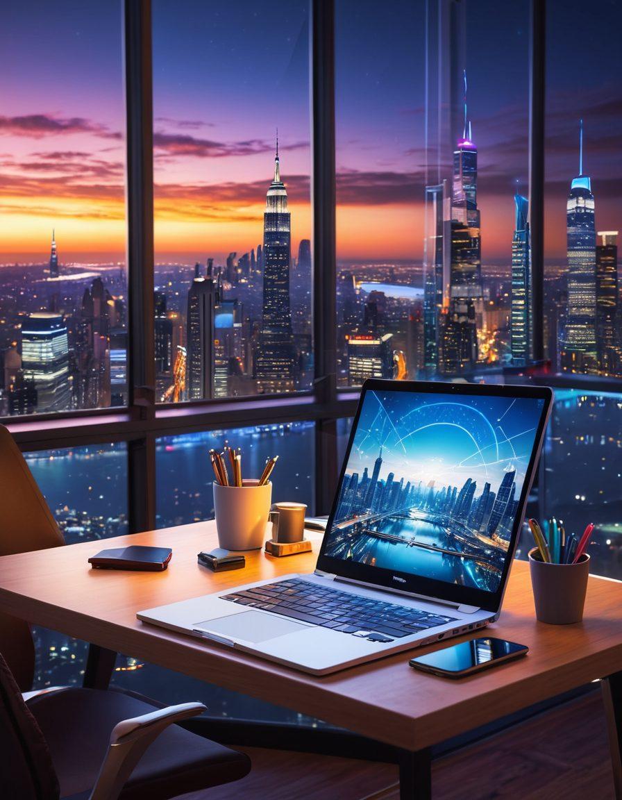 A futuristic workspace with a sleek laptop displaying a vibrant blog interface, surrounded by digital elements like social media icons and content creation tools. The scene is filled with innovative gadgets, a notepad sketching ideas, and a glowing light bulb symbolizing inspiration. The background features a city skyline that represents the digital lifestyle, merging technology and creativity. super-realistic. vibrant colors. 3D.