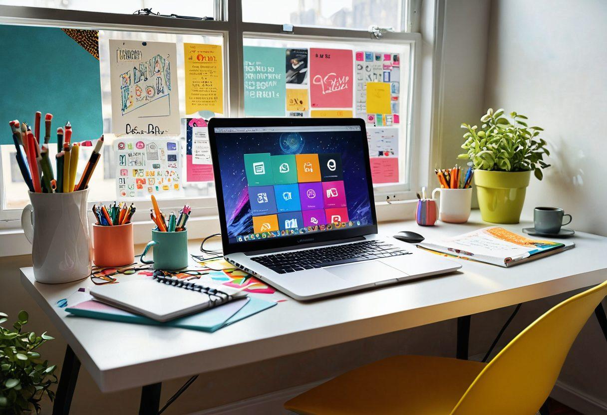 A creative workspace filled with vibrant gadgets, a laptop showcasing a lively blog interface, colorful notes scattered around. In the background, a vision board filled with digital art and innovative ideas, with a bright light streaming from a window, symbolizing inspiration and engagement in content creation. modern illustration. vibrant colors. 3D.